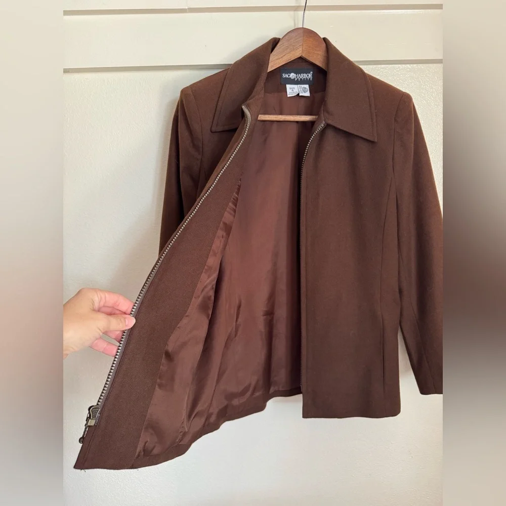 Sag Harbor Petite 100% Pure New Wool Zip-Up Jacket Brown 4 Vintage Minimalist